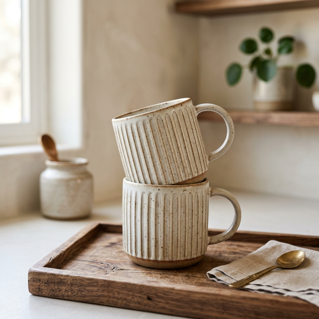 Ceramic Ribbed Coffee Mugs (Set of 4)